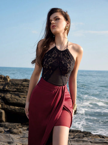 Anewsta Women's Lace Mesh Splice Halterneck Bodysuit