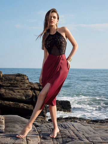 Anewsta Women's Lace Mesh Splice Halterneck Bodysuit