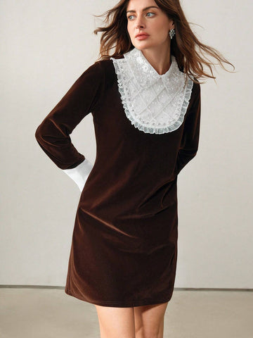 Anewsta Women's Lace Ruffle Panel Color Block Dress