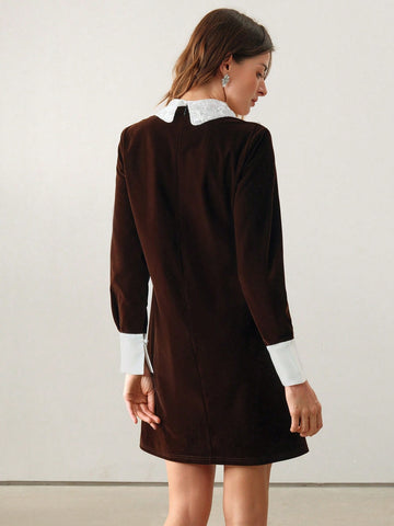 Anewsta Women's Lace Ruffle Panel Color Block Dress