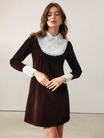 Anewsta Women's Lace Ruffle Panel Color Block Dress