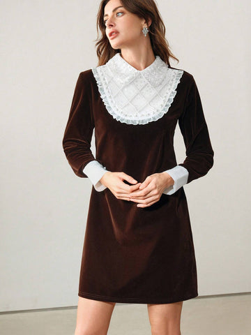 Anewsta Women's Lace Ruffle Panel Color Block Dress