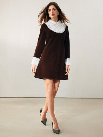 Anewsta Women's Lace Ruffle Panel Color Block Dress