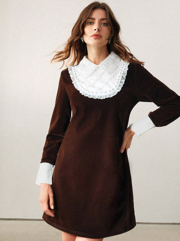 Anewsta Women's Lace Ruffle Panel Color Block Dress