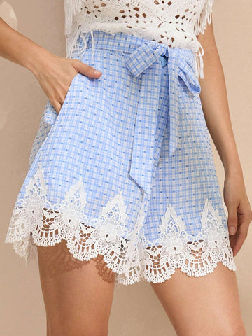 Anewsta Women's Lace Splice Waist Belt Plaid Printed Casual Summer Shorts