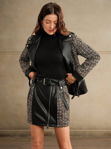 Anewsta Women's Leather Patchwork Fitted Mini Skirt