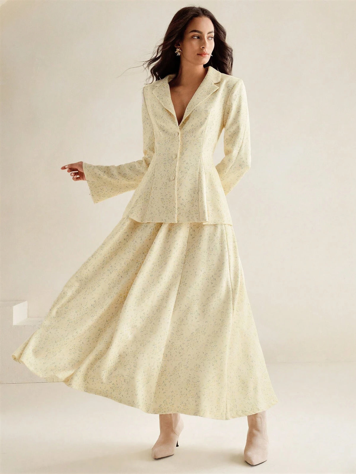 Anewsta Women's Luxurious Vintage French Style Long Sleeve Fitted Waist Skirt Suit