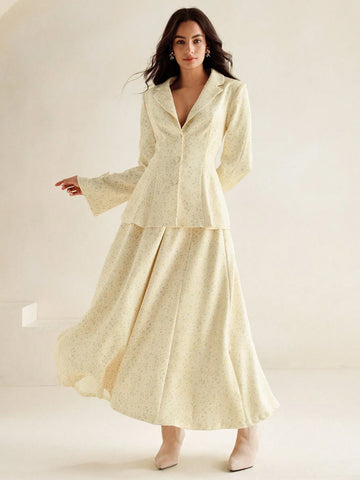 Anewsta Women's Luxurious Vintage French Style Long Sleeve Fitted Waist Skirt Suit