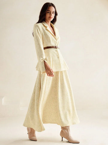 Anewsta Women's Luxurious Vintage French Style Long Sleeve Fitted Waist Skirt Suit