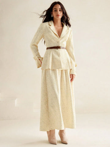 Anewsta Women's Luxurious Vintage French Style Long Sleeve Fitted Waist Skirt Suit