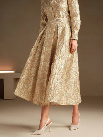 Anewsta Women's Modern Chinese Style Elegant Gold Jacquard Pattern Skirt