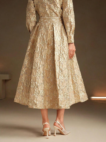 Anewsta Women's Modern Chinese Style Elegant Gold Jacquard Pattern Skirt