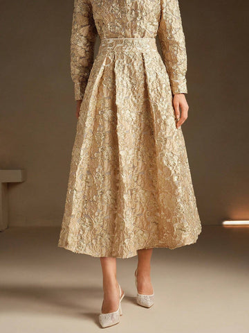 Anewsta Women's Modern Chinese Style Elegant Gold Jacquard Pattern Skirt