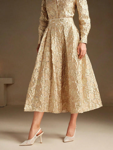 Anewsta Women's Modern Chinese Style Elegant Gold Jacquard Pattern Skirt