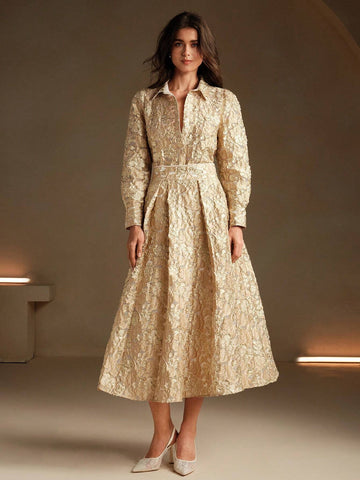 Anewsta Women's Modern Chinese Style Elegant Gold Jacquard Pattern Skirt