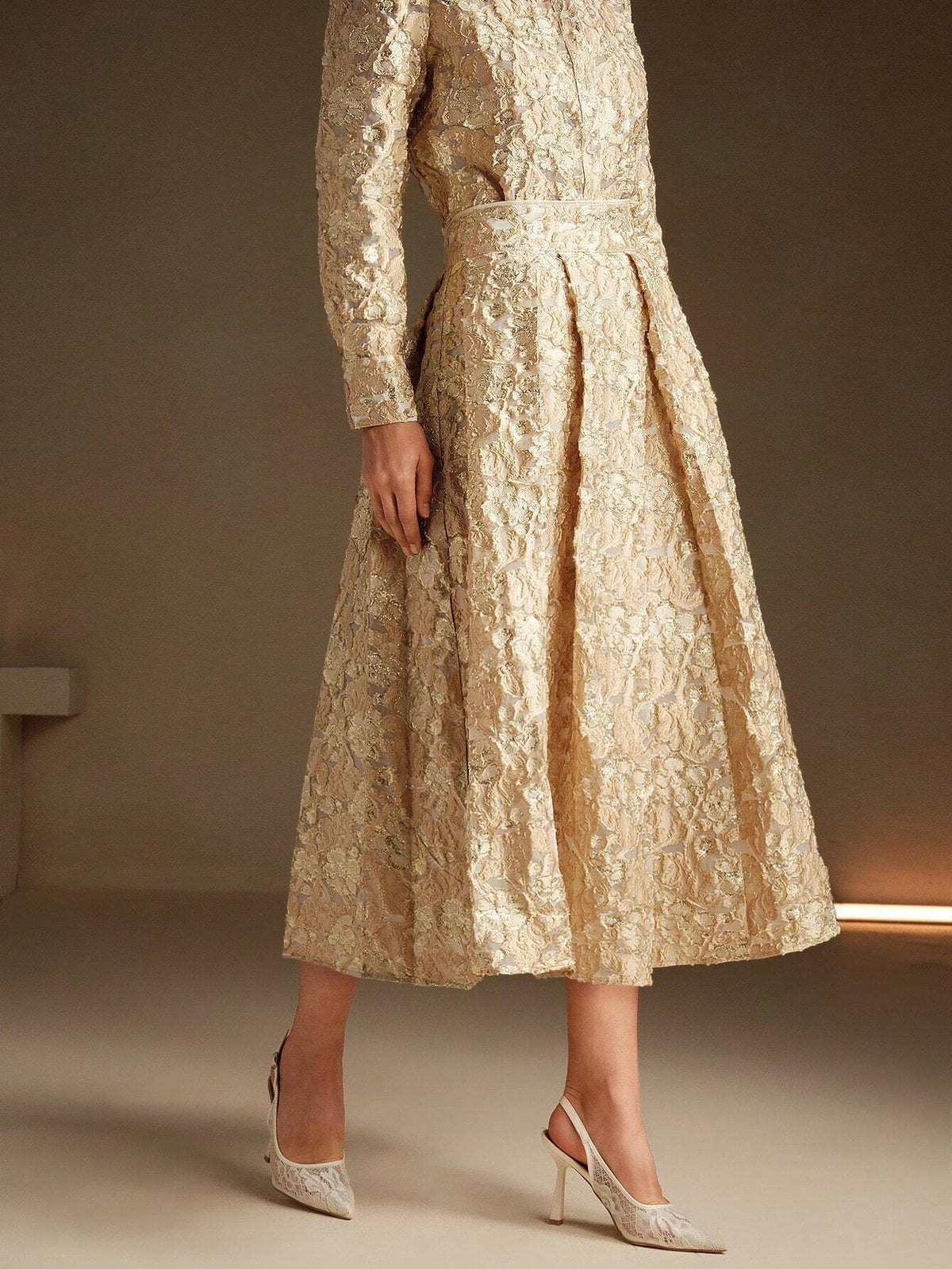 Anewsta Women's Modern Chinese Style Elegant Gold Jacquard Pattern Skirt
