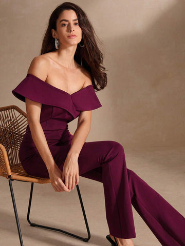 Anewsta Women's Off Shoulder Solid Color Jumpsuit For Summer