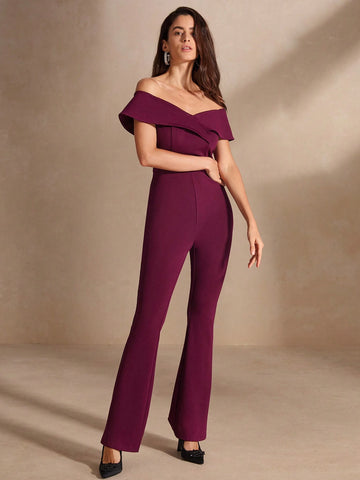 Anewsta Women's Off Shoulder Solid Color Jumpsuit For Summer