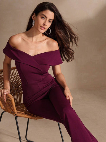Anewsta Women's Off Shoulder Solid Color Jumpsuit For Summer