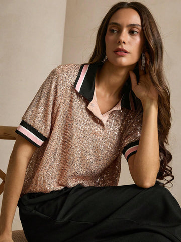 Anewsta Women's Oversized Sequin Embellished POLO Collar Short Sleeve T-Shirt