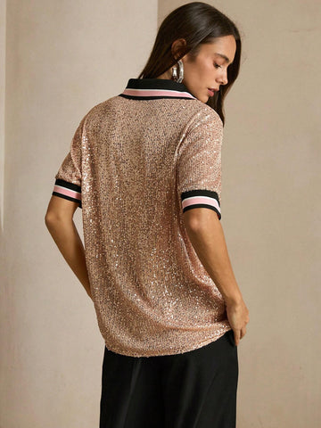Anewsta Women's Oversized Sequin Embellished POLO Collar Short Sleeve T-Shirt