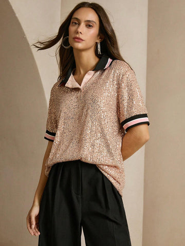 Anewsta Women's Oversized Sequin Embellished POLO Collar Short Sleeve T-Shirt