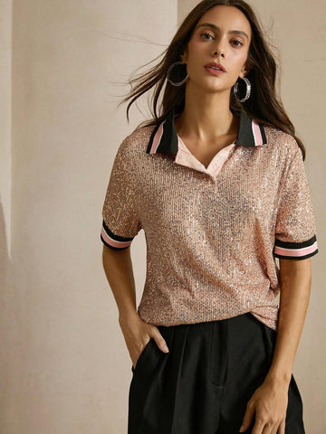 Anewsta Women's Oversized Sequin Embellished POLO Collar Short Sleeve T-Shirt