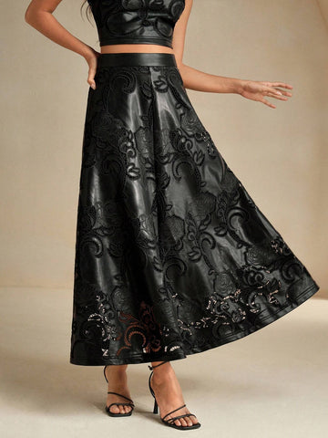Anewsta Women's PU Embroidered A-Line Maxi Skirt, Elegant