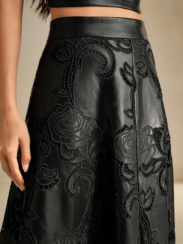 Anewsta Women's PU Embroidered A-Line Maxi Skirt, Elegant
