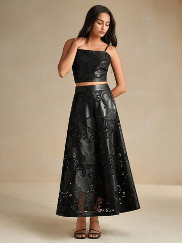 Anewsta Women's PU Embroidered A-Line Maxi Skirt, Elegant