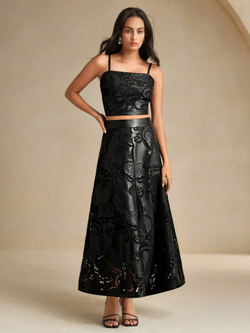 Anewsta Women's PU Embroidered A-Line Maxi Skirt, Elegant