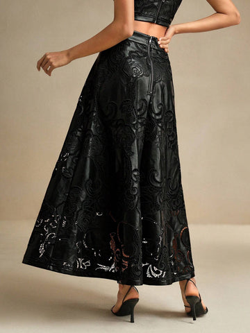 Anewsta Women's PU Embroidered A-Line Maxi Skirt, Elegant