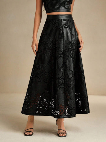 Anewsta Women's PU Embroidered A-Line Maxi Skirt, Elegant