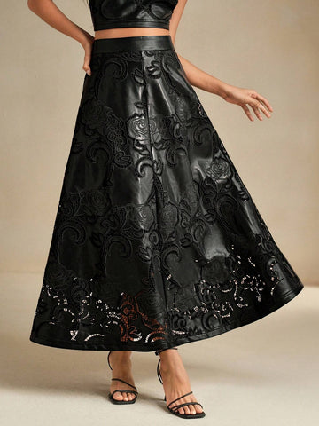Anewsta Women's PU Embroidered A-Line Maxi Skirt, Elegant