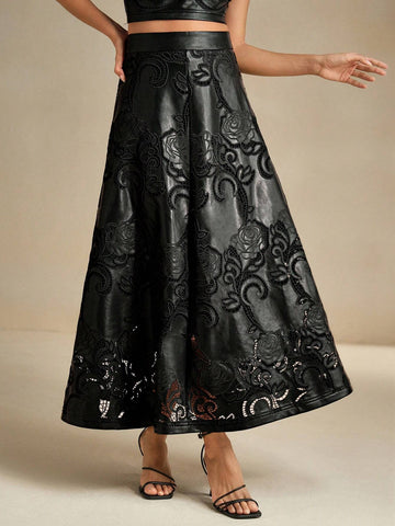 Anewsta Women's PU Embroidered A-Line Maxi Skirt, Elegant
