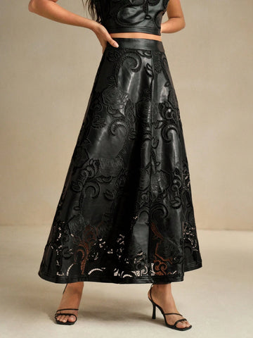 Anewsta Women's PU Embroidered A-Line Maxi Skirt, Elegant