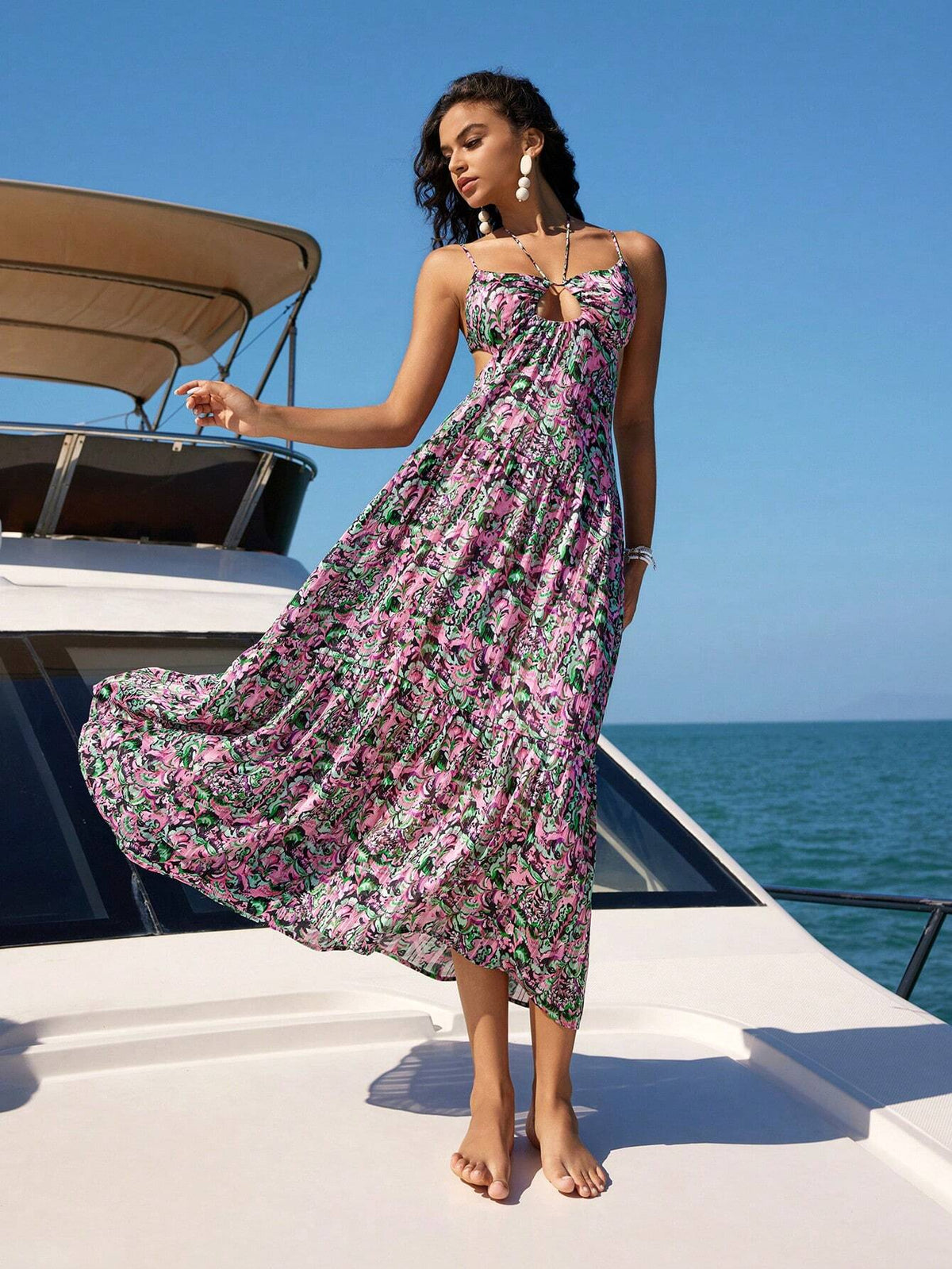 Anewsta Women's Plant Pattern Print Backless Spaghetti Strap Dress