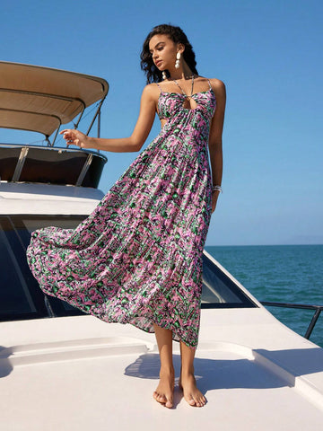 Anewsta Women's Plant Pattern Print Backless Spaghetti Strap Dress