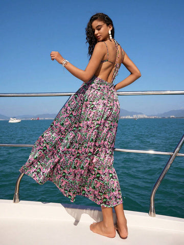 Anewsta Women's Plant Pattern Print Backless Spaghetti Strap Dress