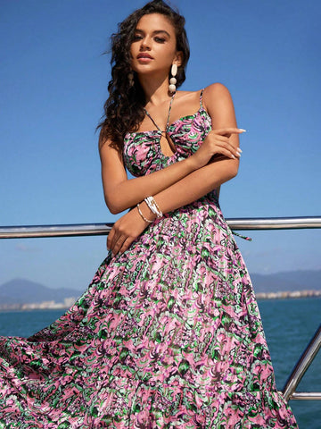 Anewsta Women's Plant Pattern Print Backless Spaghetti Strap Dress