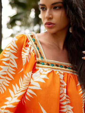 Anewsta Women's Plant Silhouette Printed Collared Short Sleeve Shirt And Shorts Set, With Delicate Lace Detailing