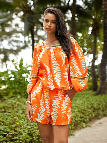 Anewsta Women's Plant Silhouette Printed Collared Short Sleeve Shirt And Shorts Set, With Delicate Lace Detailing