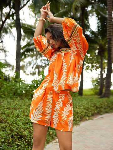 Anewsta Women's Plant Silhouette Printed Collared Short Sleeve Shirt And Shorts Set, With Delicate Lace Detailing