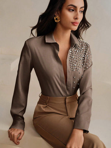 Women's Premium Commuter Elegant Embellished Pearl Embroidered T-Shirt Blouse