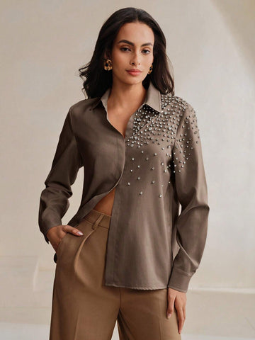 Women's Premium Commuter Elegant Embellished Pearl Embroidered T-Shirt Blouse