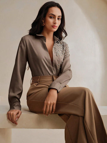 Women's Premium Commuter Elegant Embellished Pearl Embroidered T-Shirt Blouse