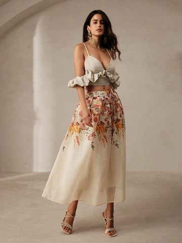 Anewsta Women's Romantic Vacation Floral Printed Pleated Skirt