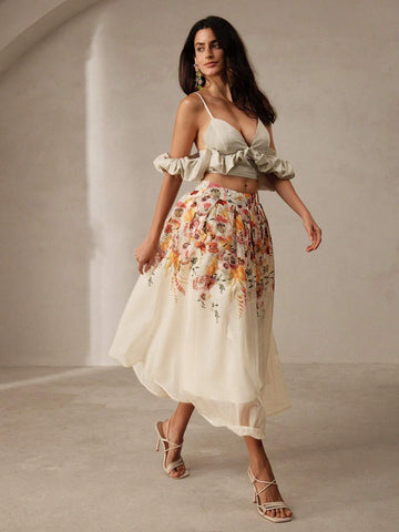 Anewsta Women's Romantic Vacation Floral Printed Pleated Skirt