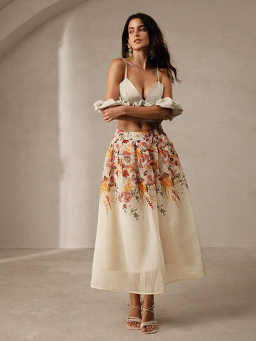 Anewsta Women's Romantic Vacation Floral Printed Pleated Skirt