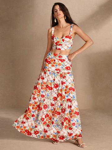 Anewsta Women's Romantic Vacation Style Floral Printed 2-Piece Set